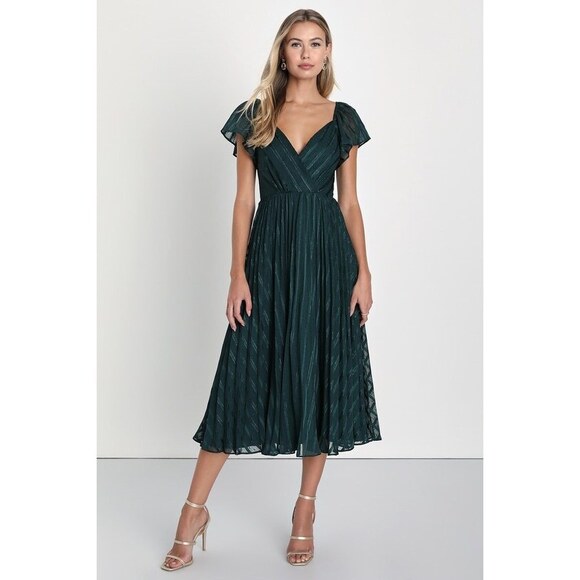 Lulus Standout Sophistication Emerald Lurex Flutter Sleeve Midi Dress Green - Picture 1 of 1